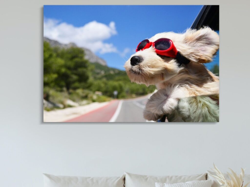 Customized wall poster of a dog peeking from car window.