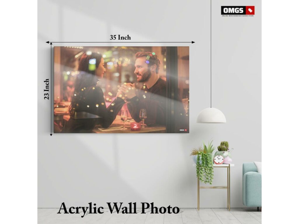 A 35x23 acrylic photo frame displayed on the wall of a living room.