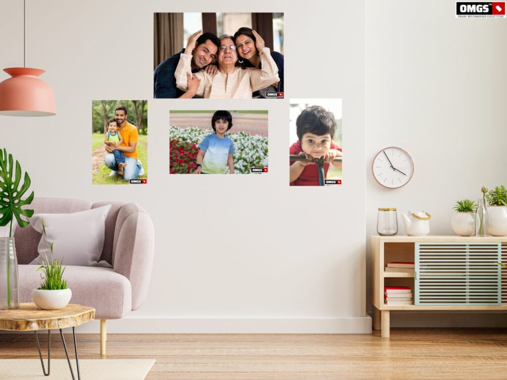 Multiple family pictures printed on acrylic are hung in the living room.