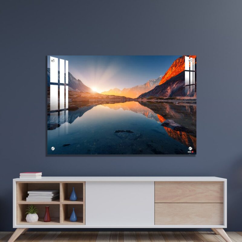 OMGs Acrylic Wall Decor - Illuminated Peaks, Stones in Mountain Lake, Reflection, Blue Sky And Yellow Sunlight in Sunrise.