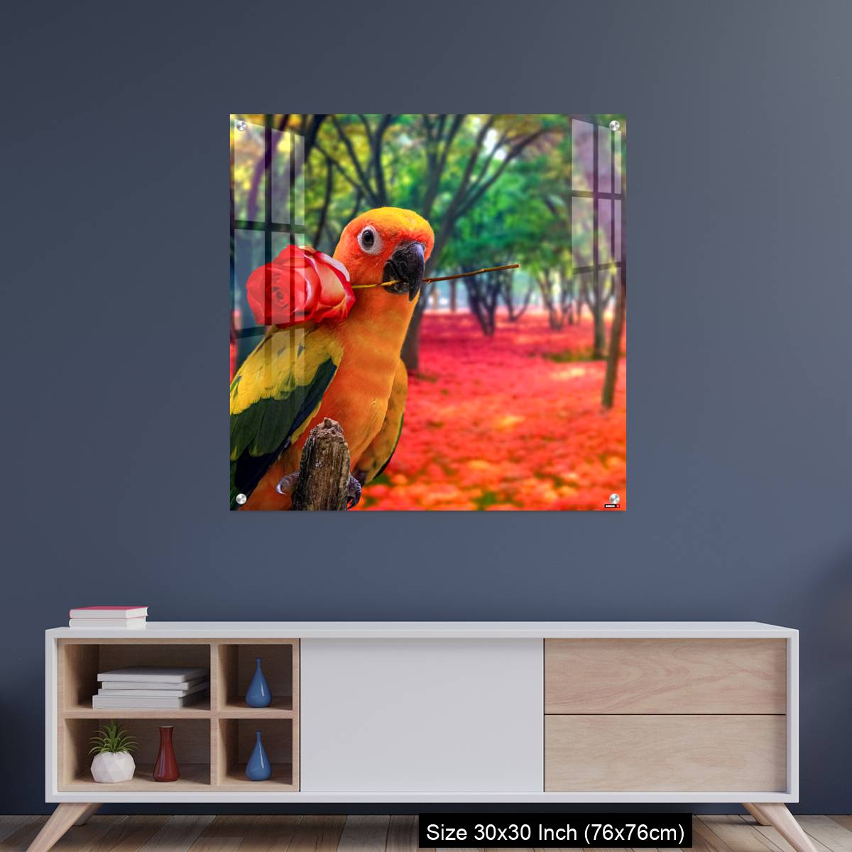 OMGs Acrylic Wall Decor – Cute Parrot Holding a Red Rose in a Colorful Forest