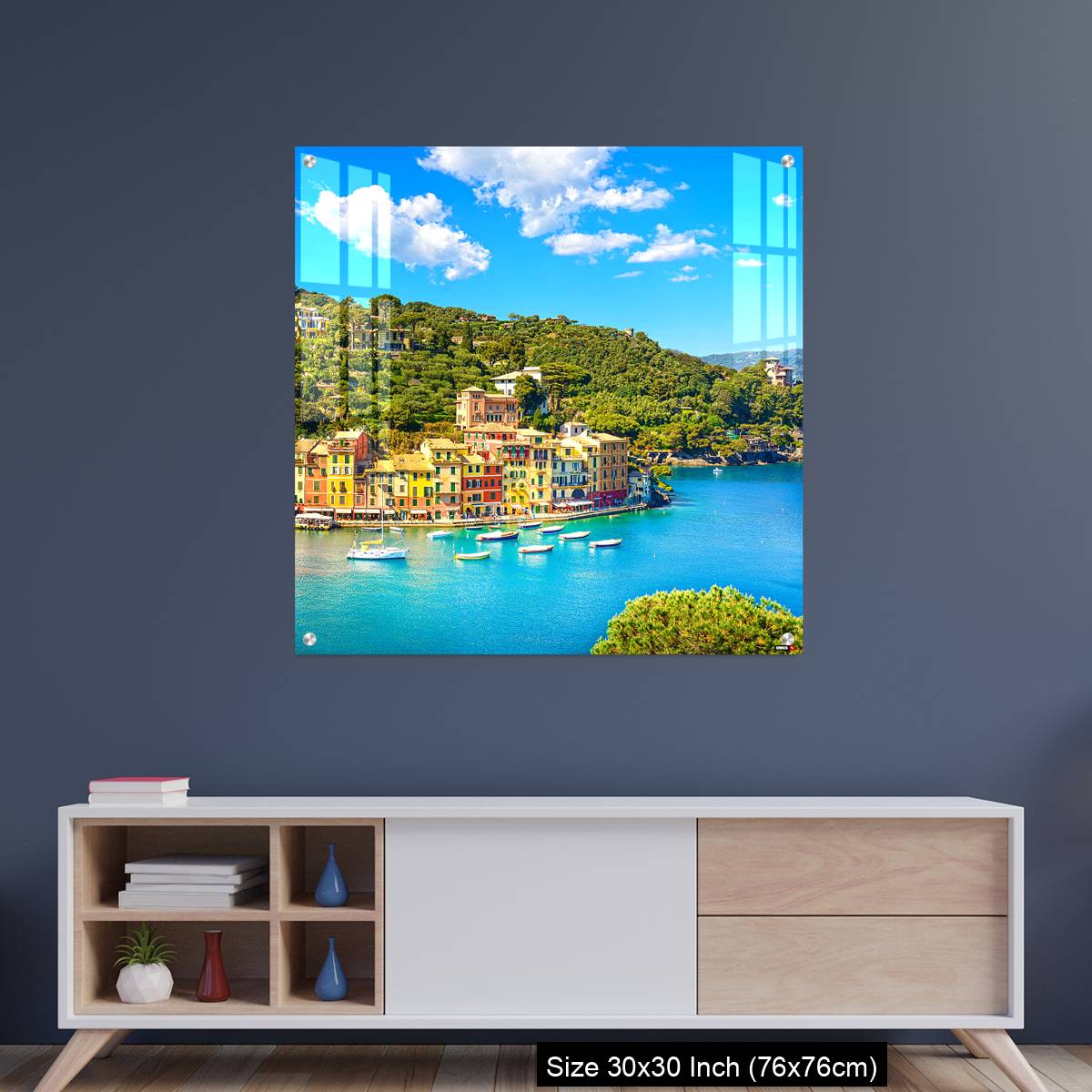 OMGs Acrylic Wall Decor – Portofino luxury village landmark, panoramic aerial view.