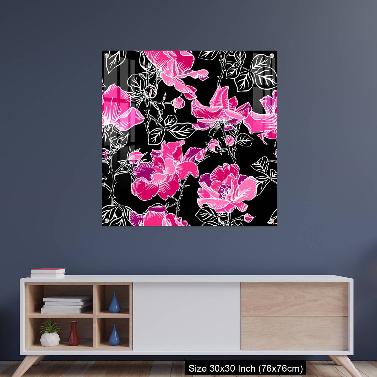 OMGs Acrylic Wall Decor – Seamless pattern with blossom red large roses petals buds and leaves.
