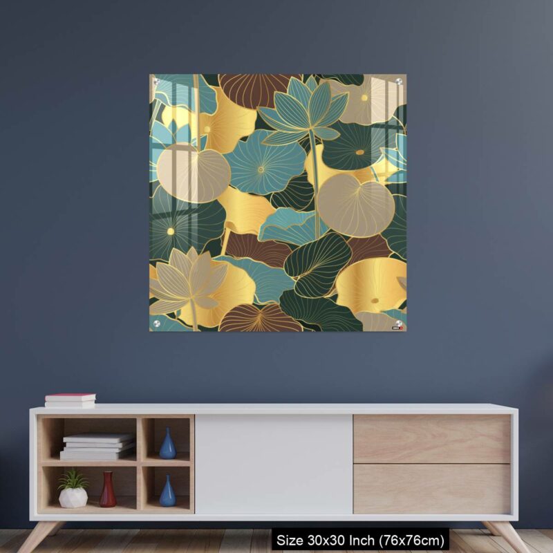 OMGs Acrylic Wall Decor – Seamless vector pattern with golden lotus leaves and flowers.
