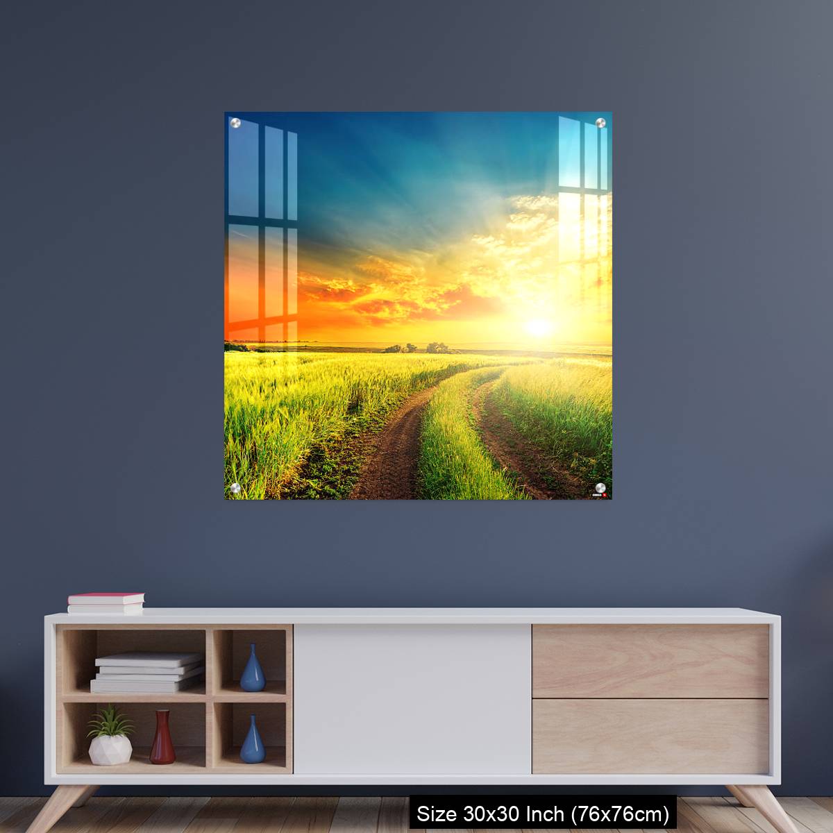 OMGs Acrylic Wall Decor – good sunset and road in green fields