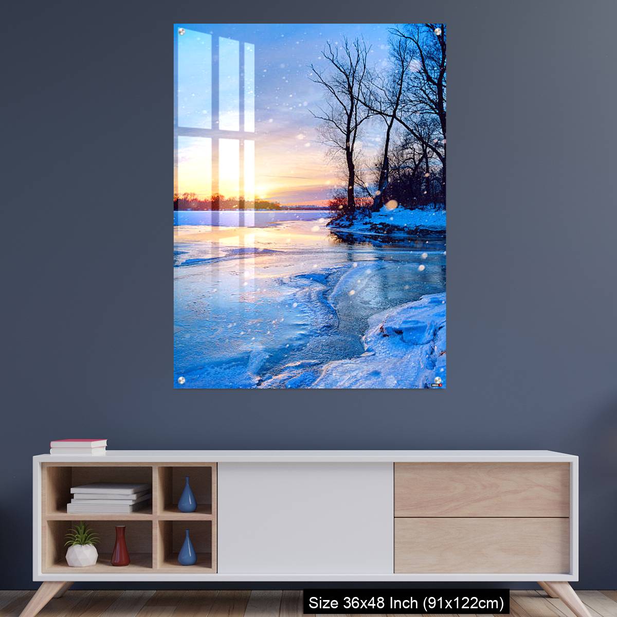 OMGs Acrylic Wall Decor – winter landscape panorama; sunset on the frozen river
