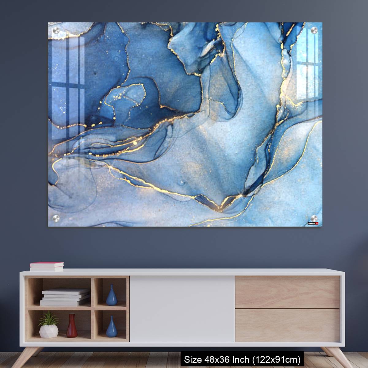 OMGs Acrylic Wall Decor – Abstract blue liquid watercolor background with golden stains