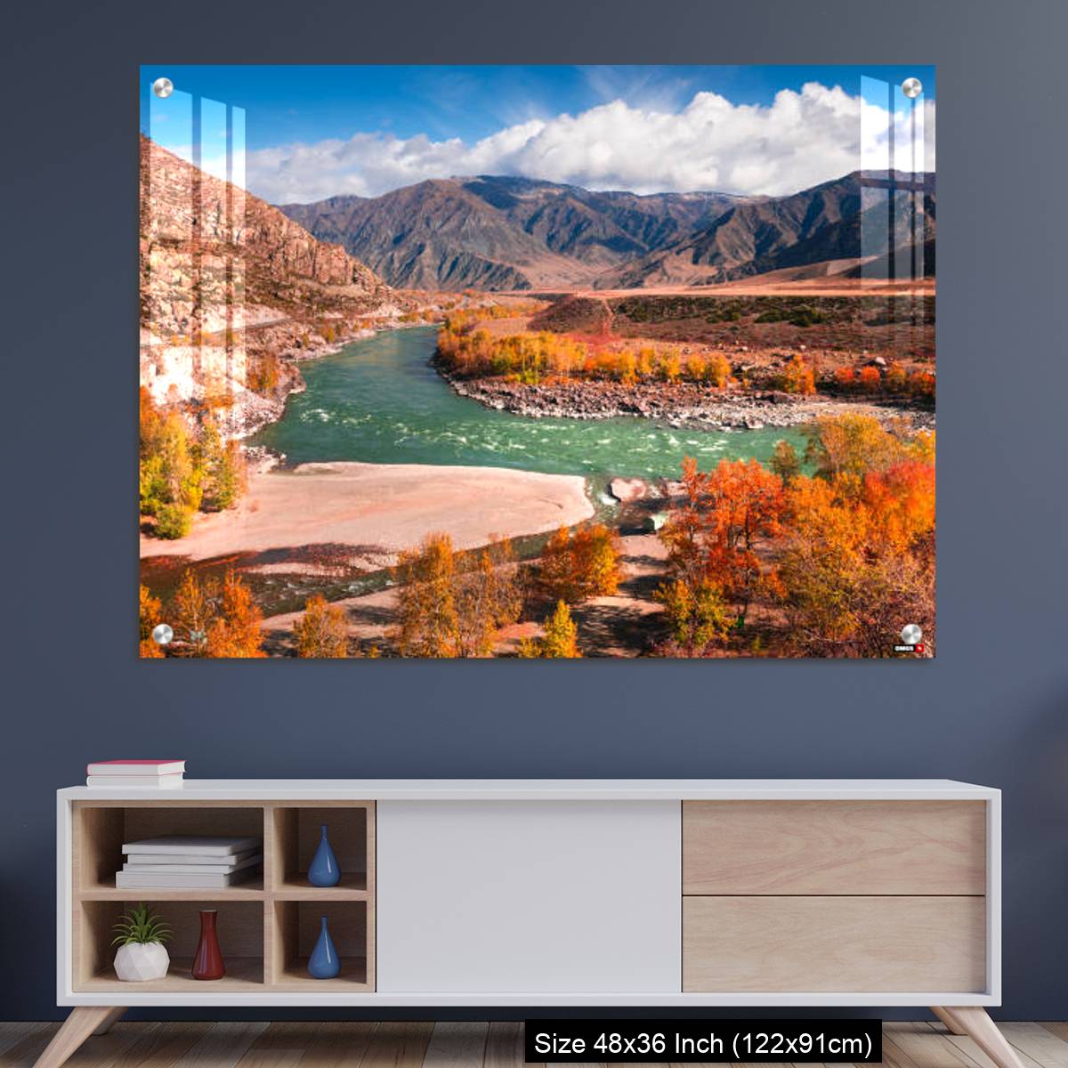 OMGs Acrylic Wall Decor – Autumn landscape of Katun river and mountains with yellow trees in Altai, Siberia, Russia.