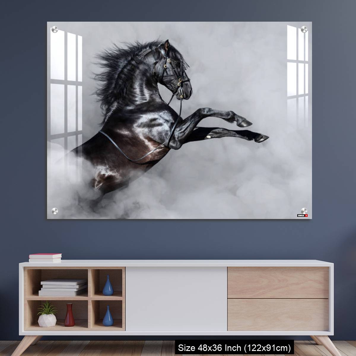 OMGs Acrylic Wall Decor – Black Andalusian horse rearing in smoke.