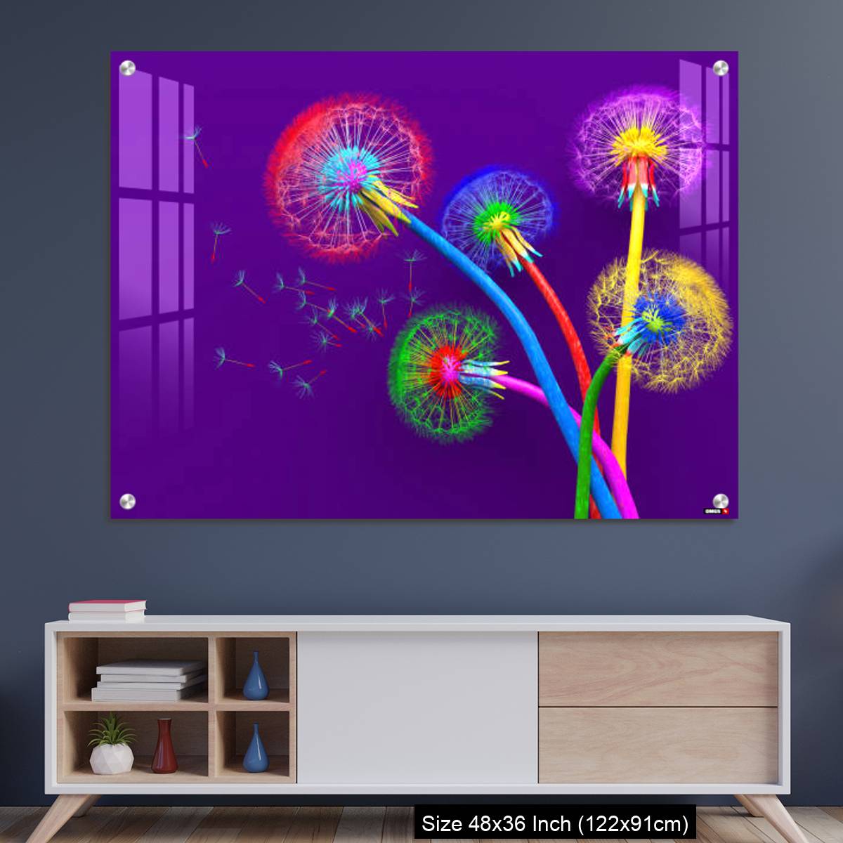 OMGs Acrylic Wall Decor – Bouquet of five flowers of blossoming dandelions of unusual colorful colors