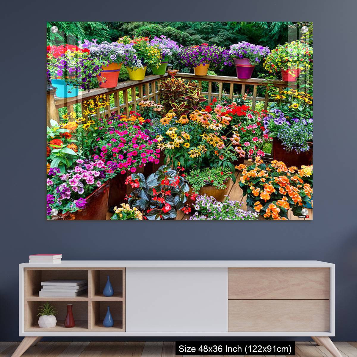 OMGs Acrylic Wall Decor – Colorful flowers and pots on deck
