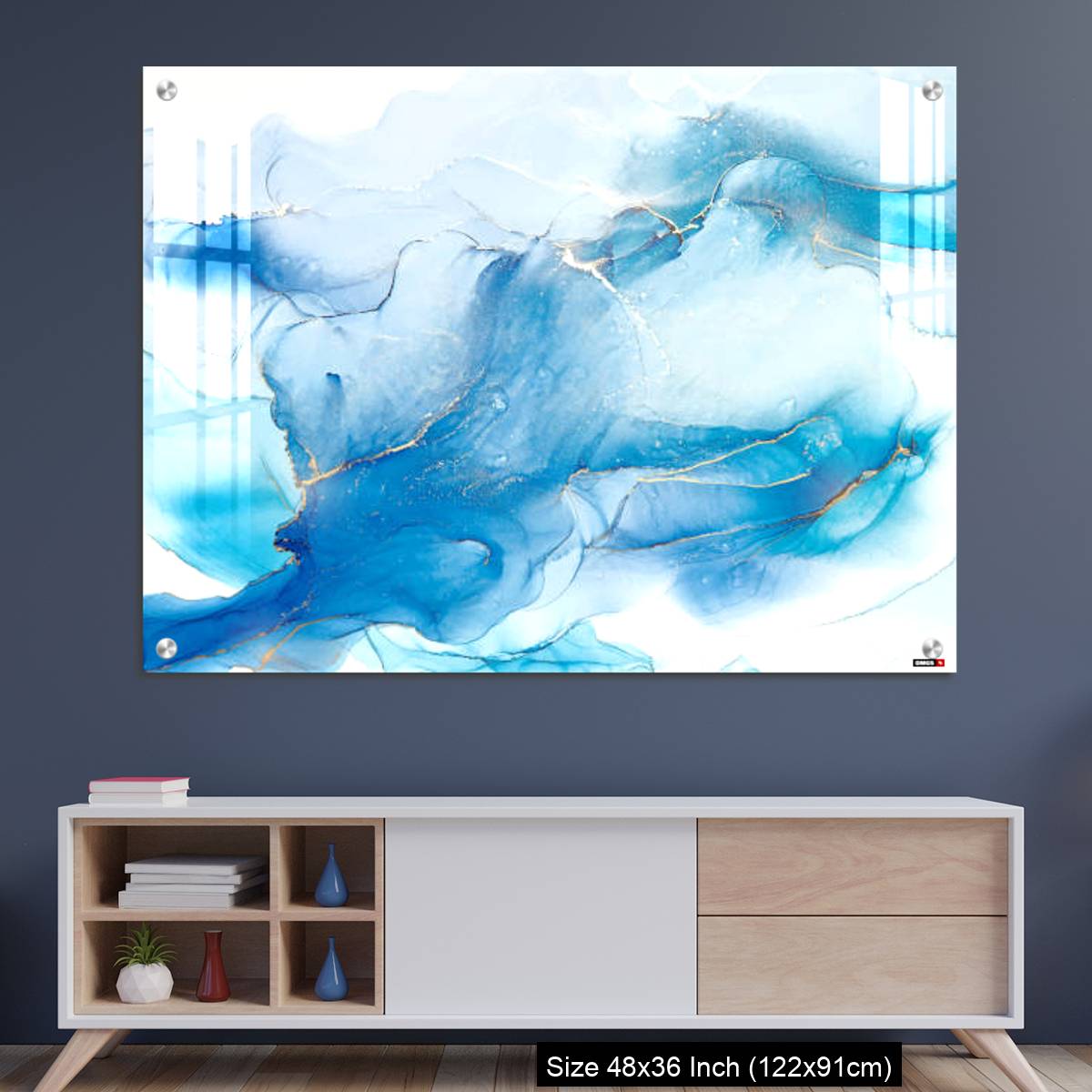 OMGs Acrylic Wall Decor – Cyan blue liquid watercolor background with golden stains