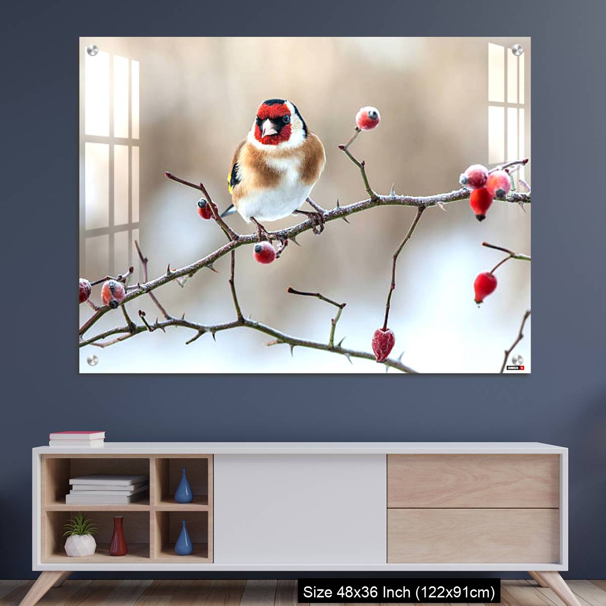 OMGs Acrylic Wall Decor – European Goldfinch with frozen red rose hips.