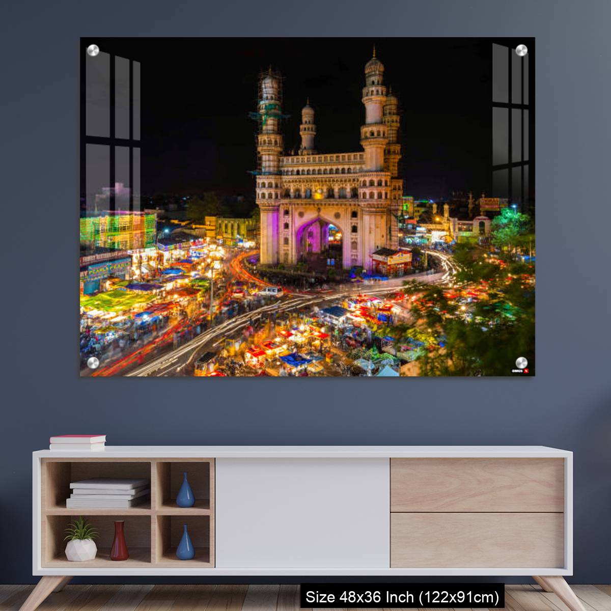 OMGs Acrylic Wall Decor – High Wide Angle View of Charminar in the Night