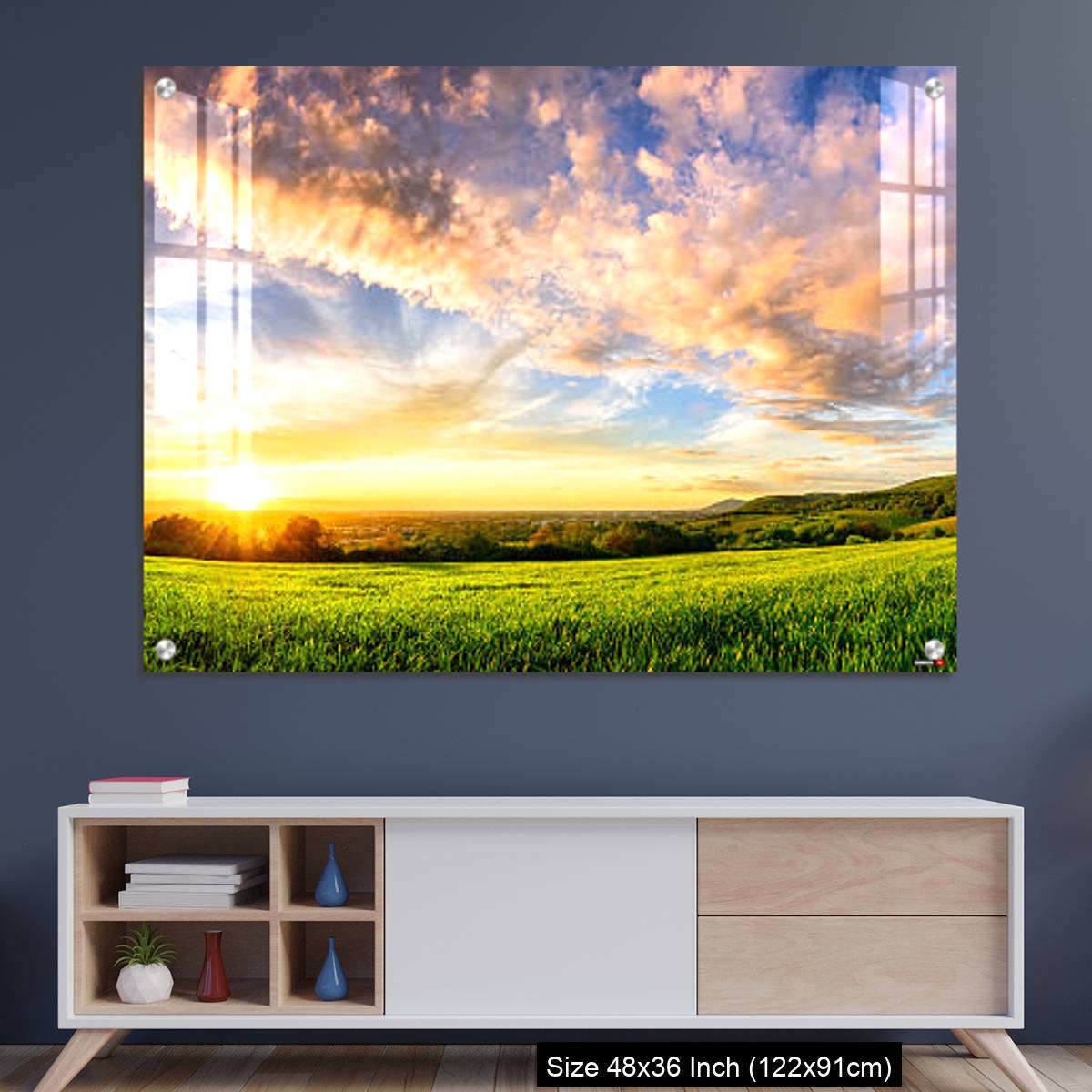 OMGs Acrylic Wall Decor – Panorama of colourful sunset on a green meadow