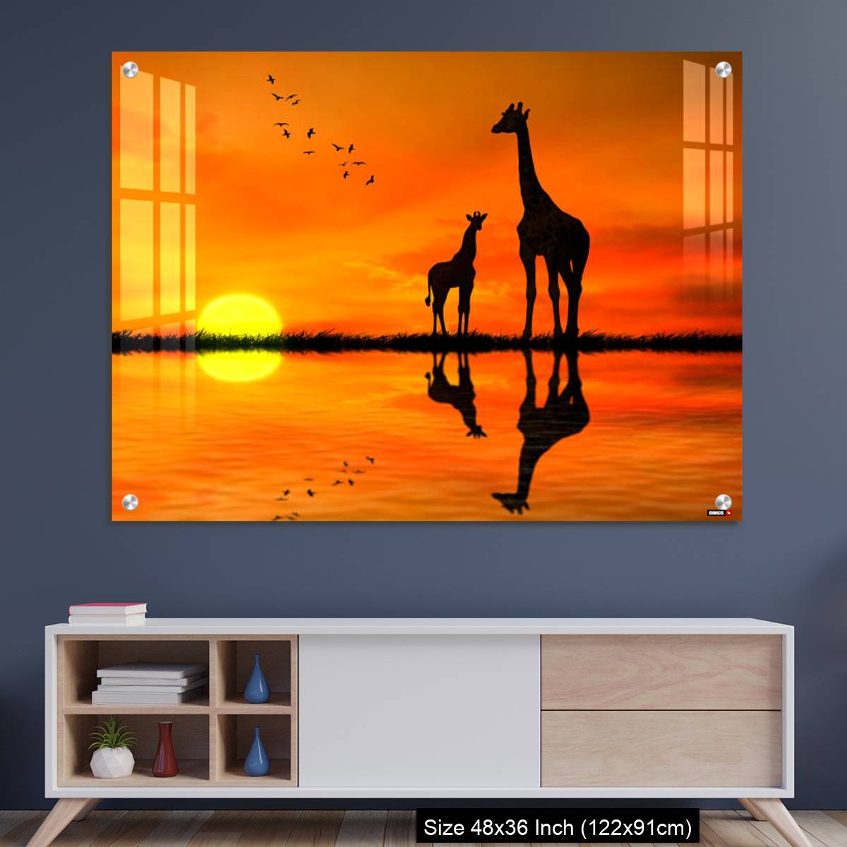 OMGs Acrylic Wall Decor – Silhouettes of two giraffes with reflection in lake water against African sunset