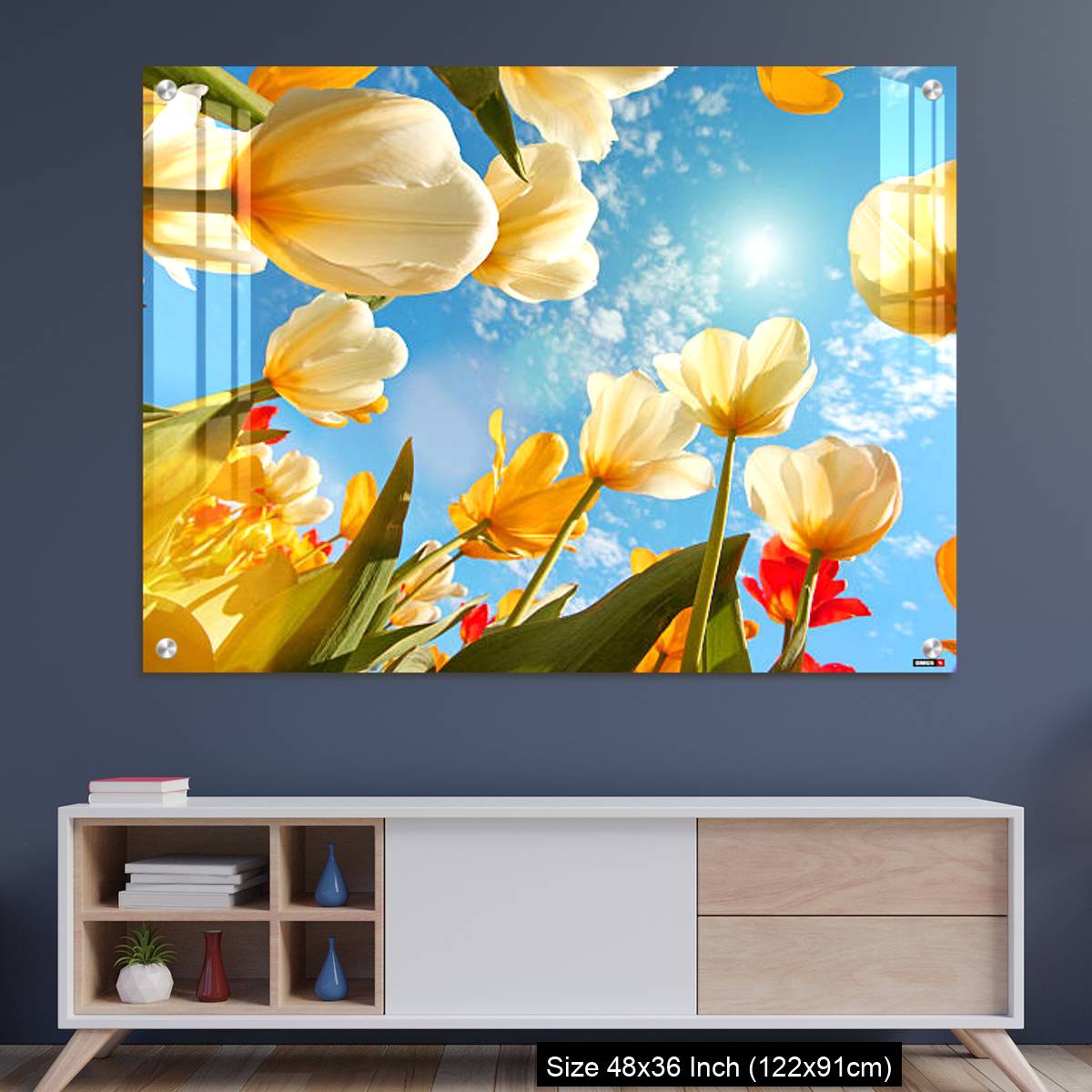 OMGs Acrylic Wall Decor – Summertime: sunny sky with colorful tulips flowers, looking up