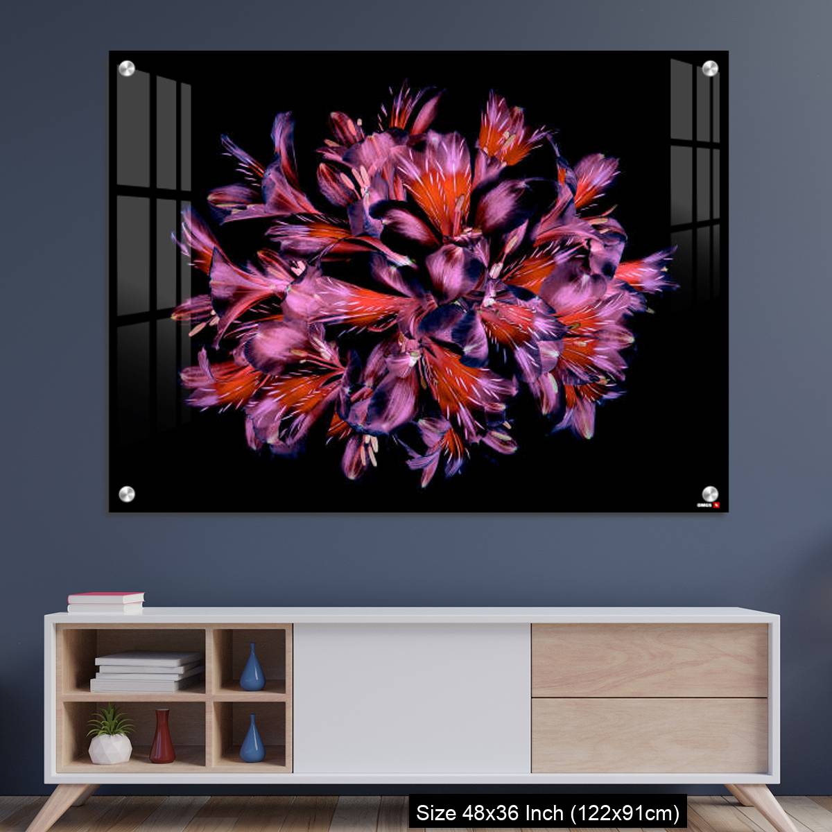 OMGs Acrylic Wall Decor – Vibrant coloured floral abstract design using Peruvian lilies with black background