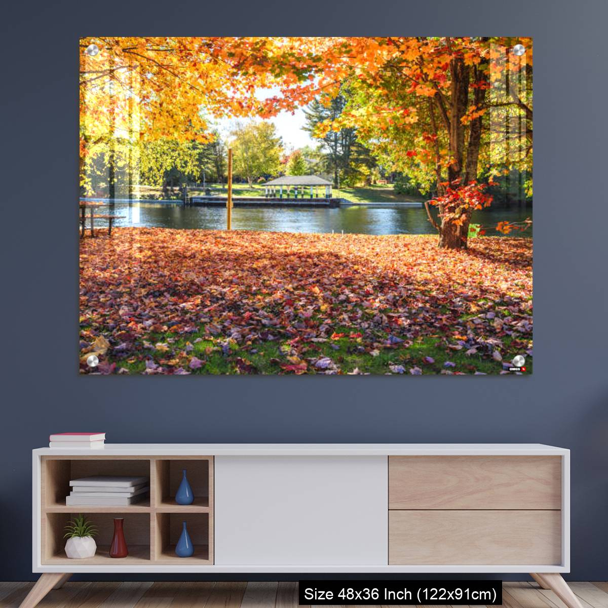OMGs Acrylic Wall Decor – Deserted riverside park covered in fallen leaves on a sunny autumn day