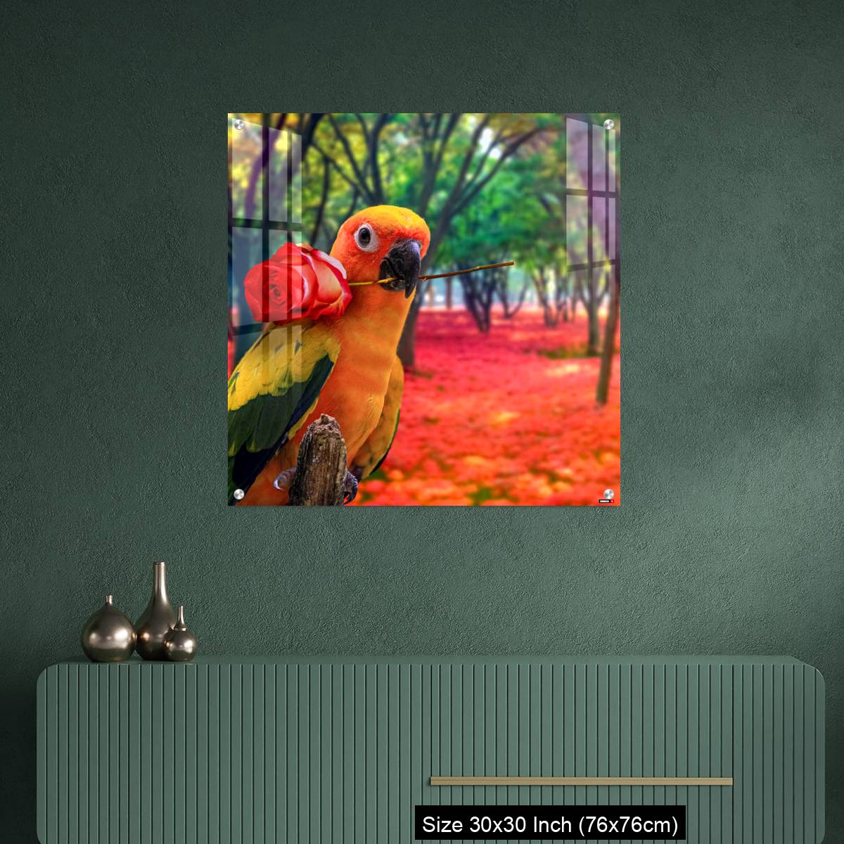 OMGs Acrylic Wall Decor – Cute Parrot Holding a Red Rose in a Colorful Forest - Image 2