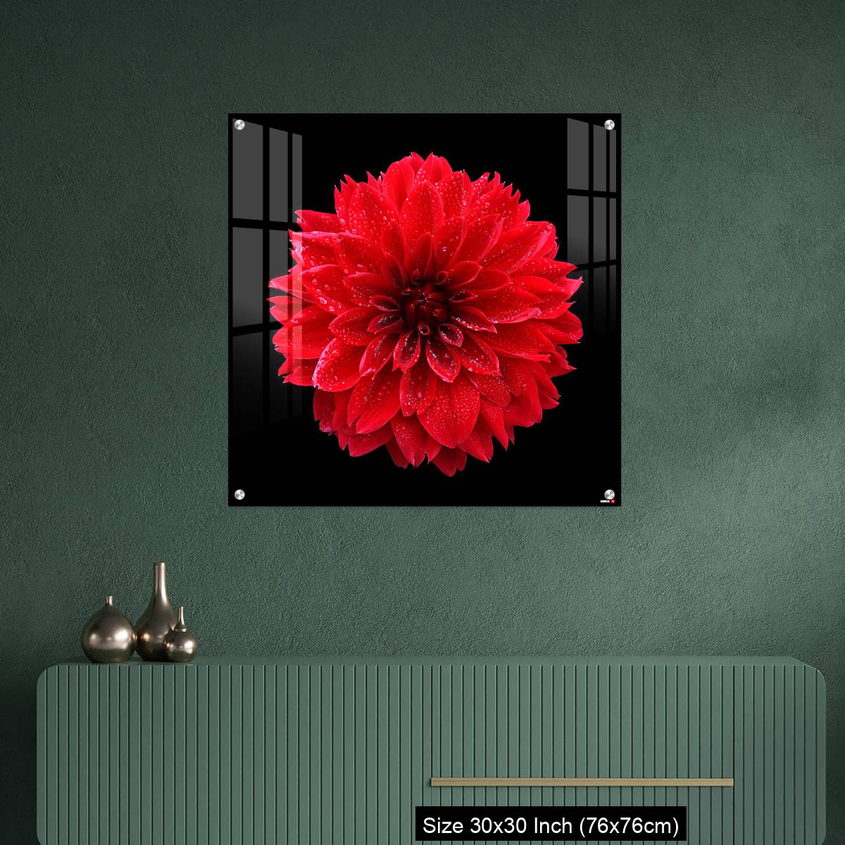 OMGs Acrylic Wall Decor – Red dahlia,like a ball of fire,on black background - Image 2