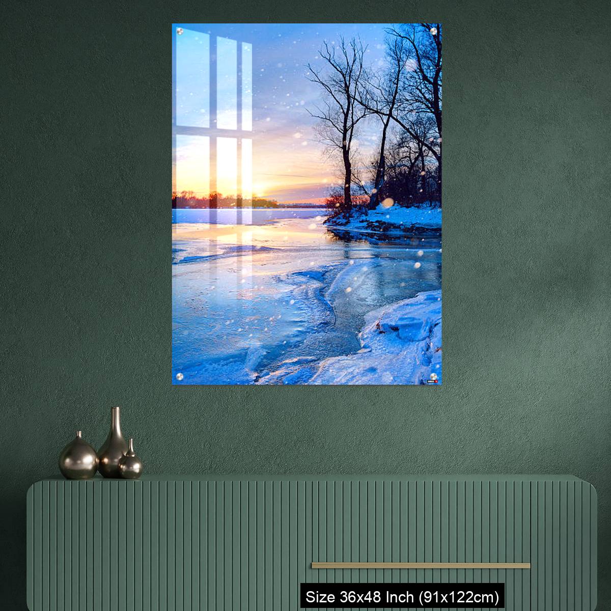 OMGs Acrylic Wall Decor – winter landscape panorama; sunset on the frozen river - Image 2