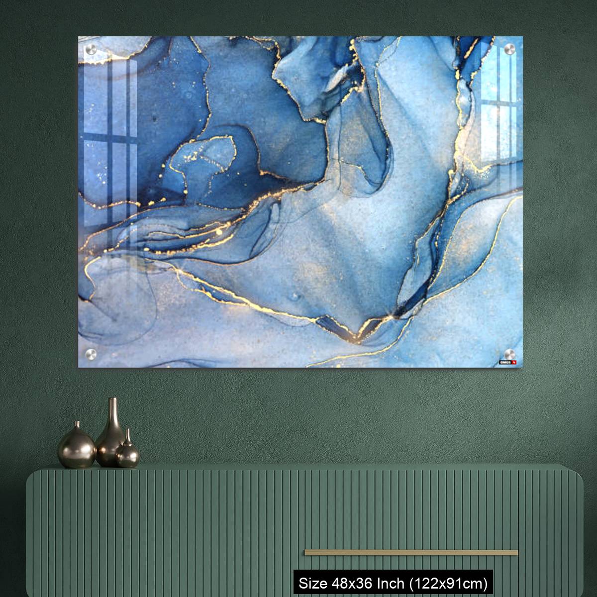 OMGs Acrylic Wall Decor – Abstract blue liquid watercolor background with golden stains - Image 2