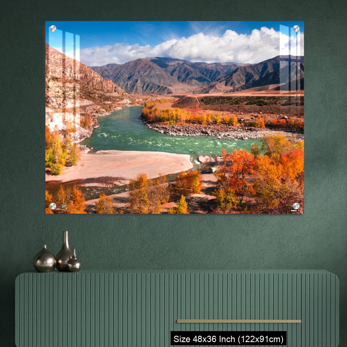 OMGs Acrylic Wall Decor – Autumn landscape of Katun river and mountains with yellow trees in Altai, Siberia, Russia. - Image 2