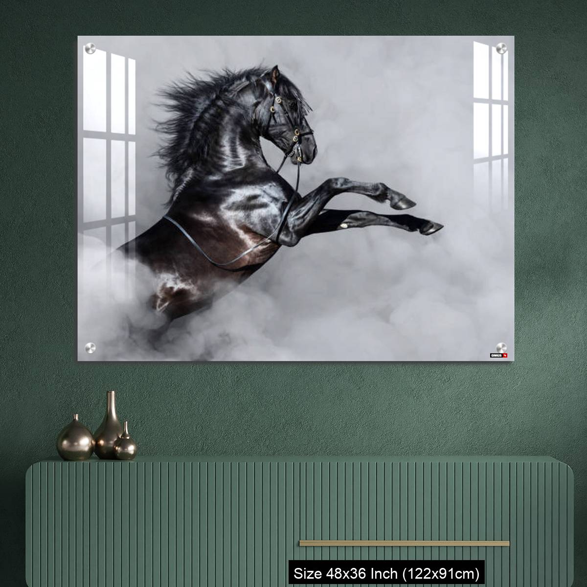 OMGs Acrylic Wall Decor – Black Andalusian horse rearing in smoke. - Image 2