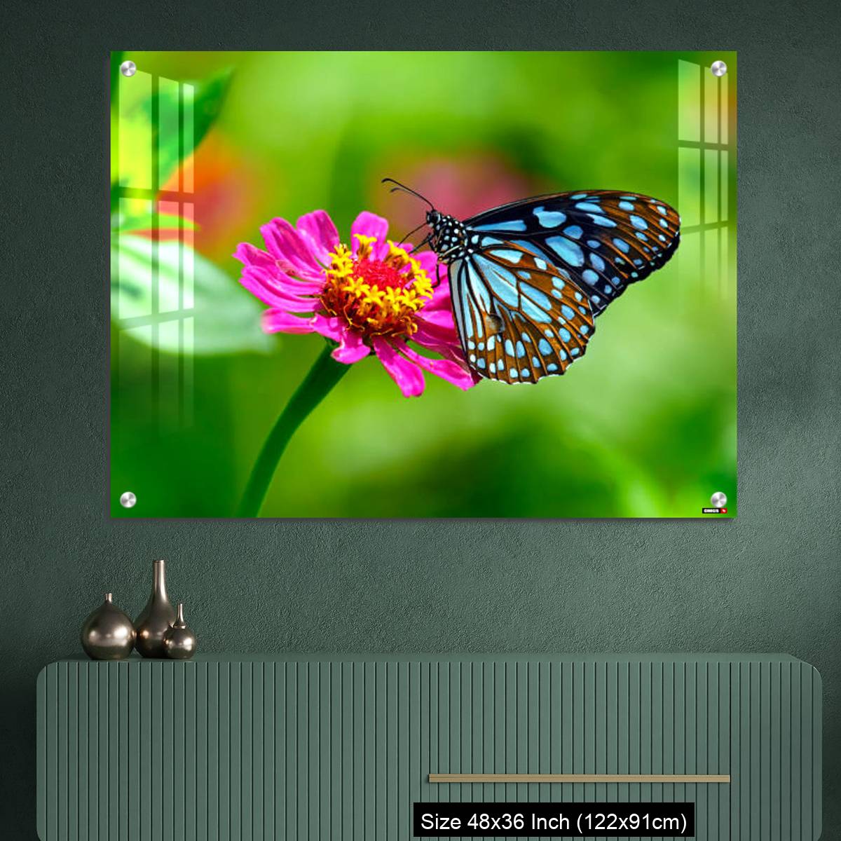 OMGs Acrylic Wall Decor – Blue tiger butterfly on a pink zinnia flower with green background - Image 2