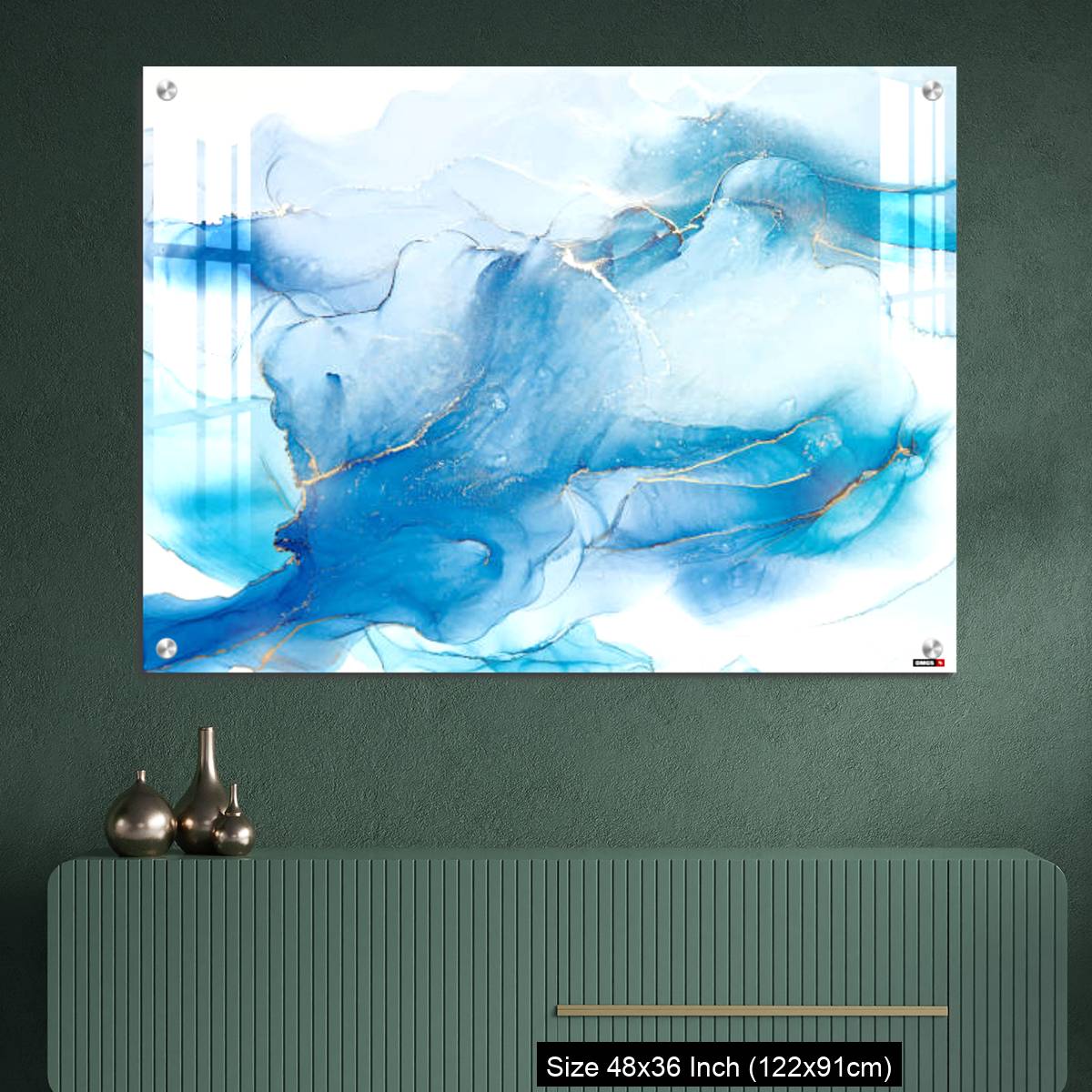 OMGs Acrylic Wall Decor – Cyan blue liquid watercolor background with golden stains - Image 2