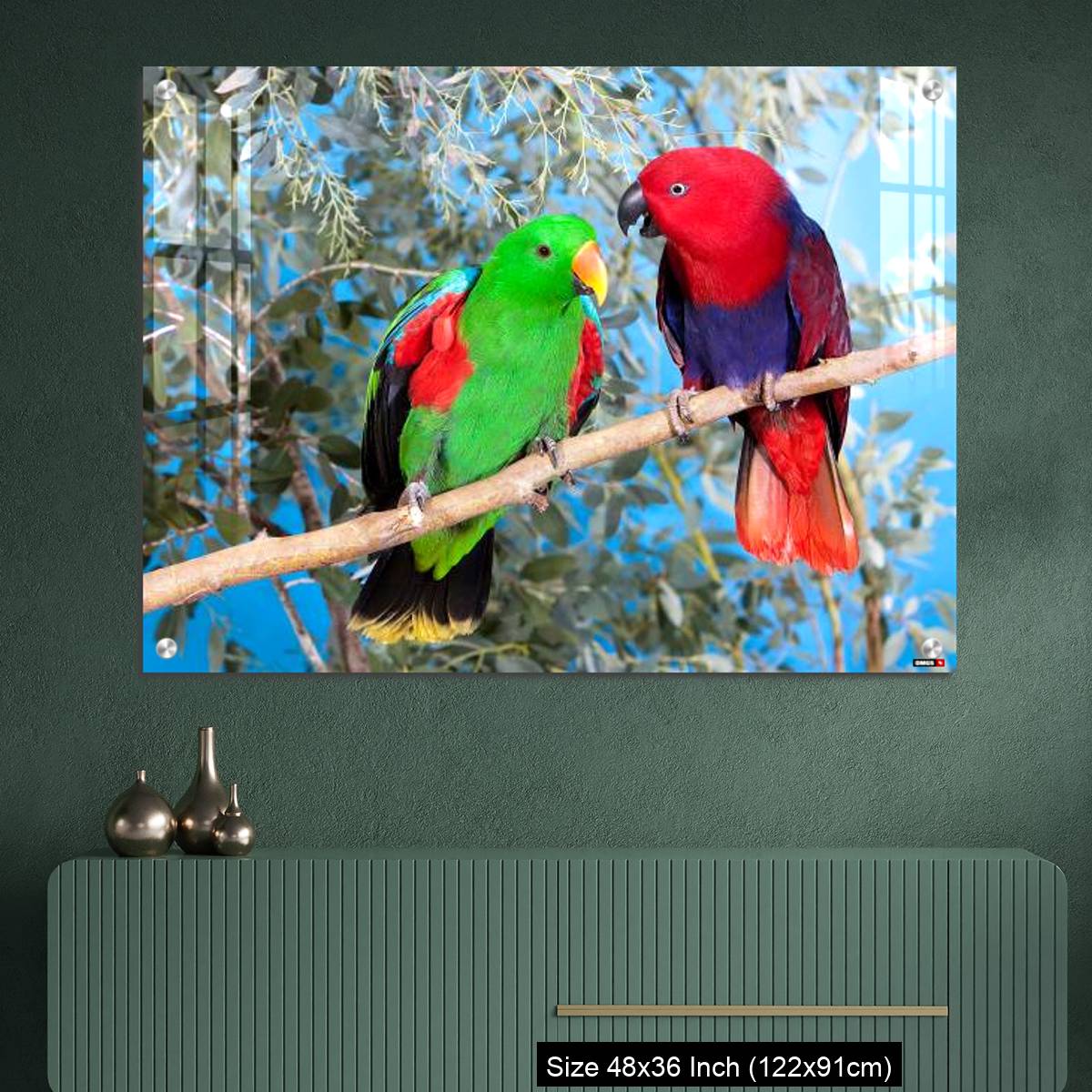 OMGs Acrylic Wall Decor – Eclectus Parrot, eclectus roratus, Pair standing on Branch, Male (green) and Female (Red) - Image 2