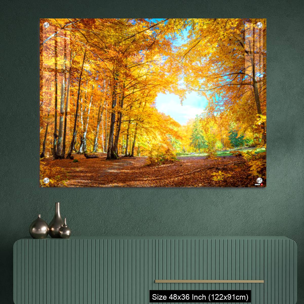 OMGs Acrylic Wall Decor – Heart of autumn - yellow orange trees in forest with heart shape, sunny weather, good day - Image 2