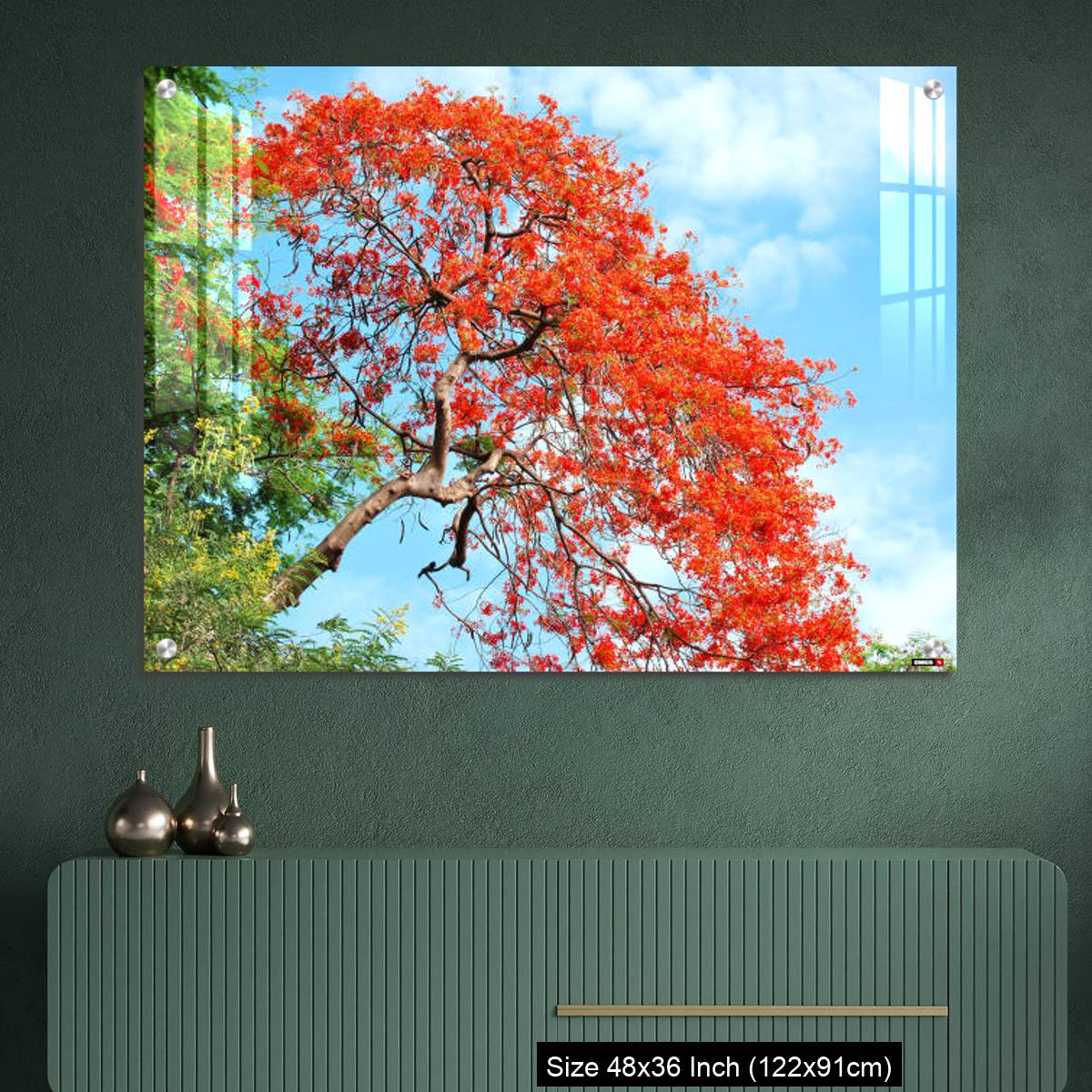 OMGs Acrylic Wall Decor – Gul Mohar tree in full bloom against a bright blue tropical sky in Mumbai, India. - Image 2