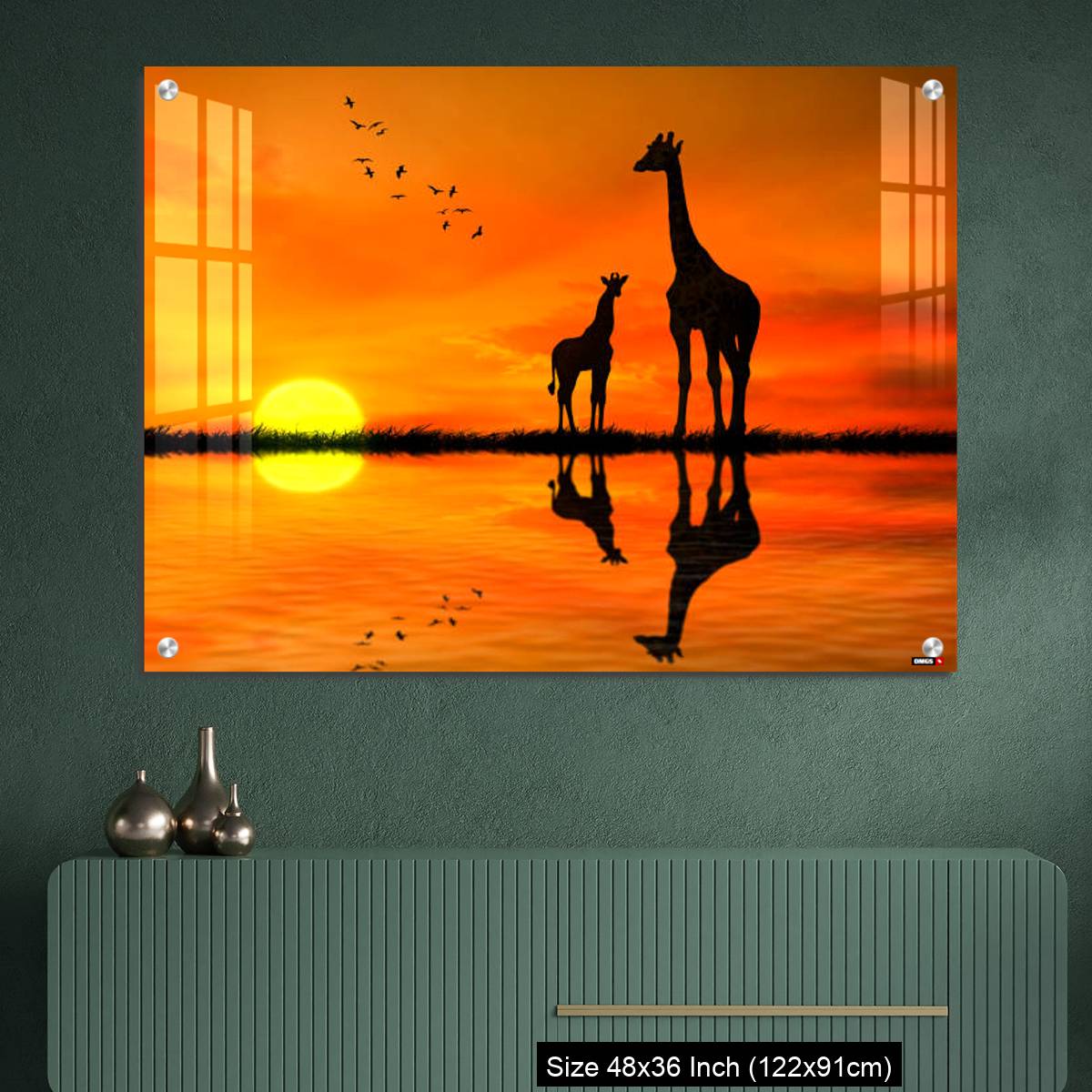 OMGs Acrylic Wall Decor – Silhouettes of two giraffes with reflection in lake water against African sunset - Image 2