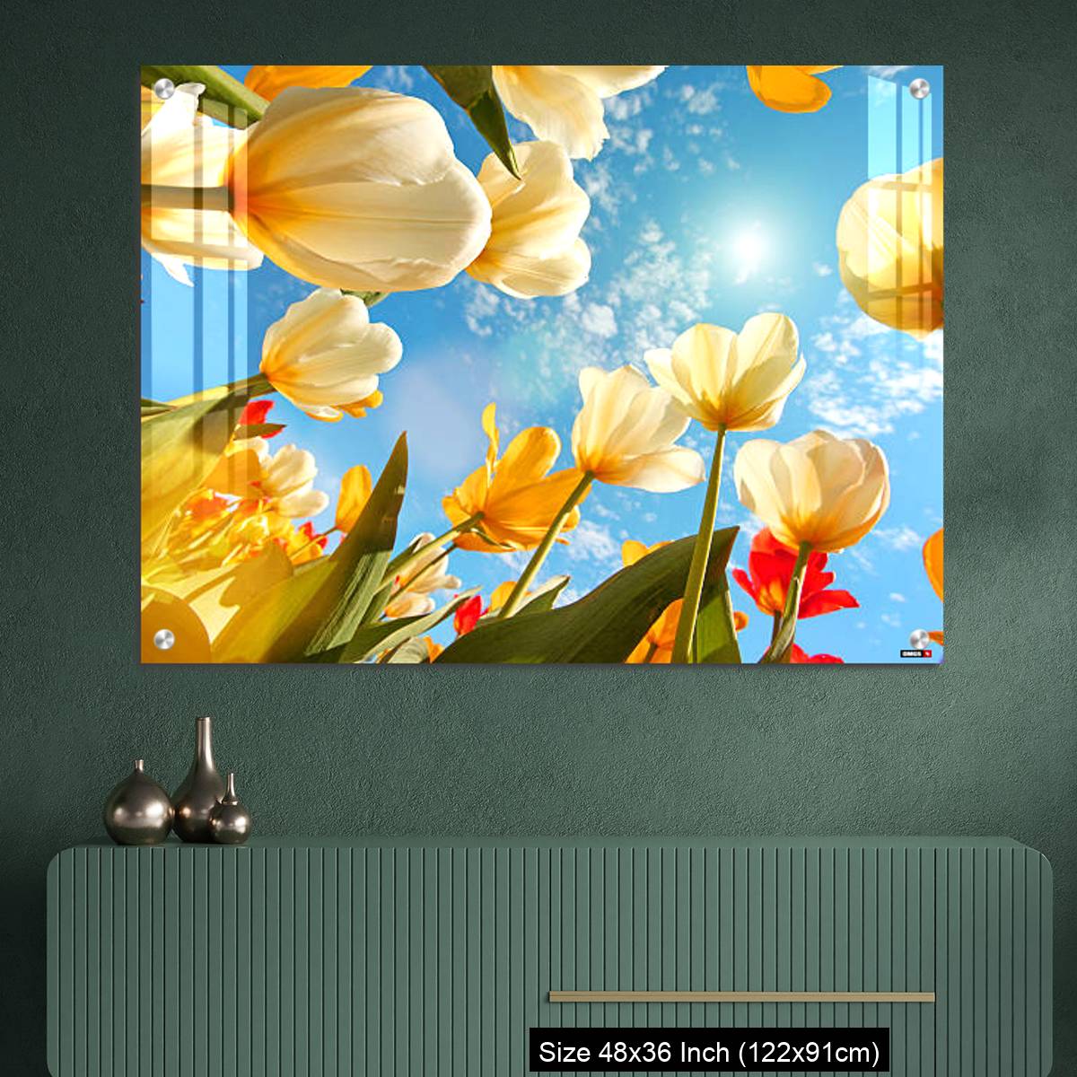 OMGs Acrylic Wall Decor – Summertime: sunny sky with colorful tulips flowers, looking up - Image 2