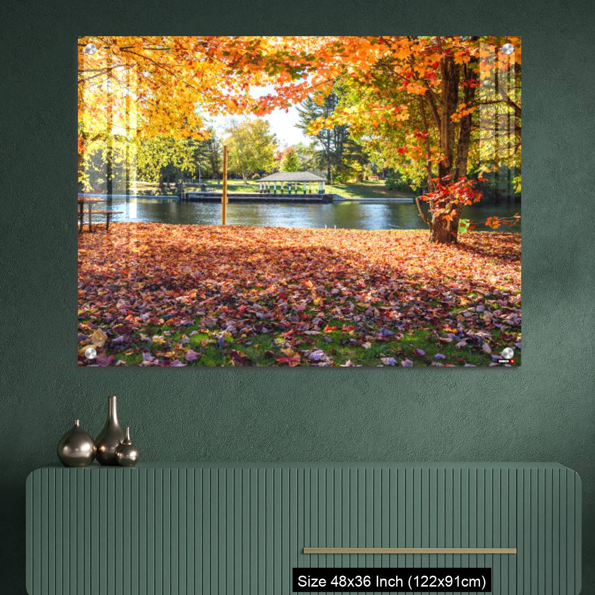 OMGs Acrylic Wall Decor – Deserted riverside park covered in fallen leaves on a sunny autumn day - Image 2
