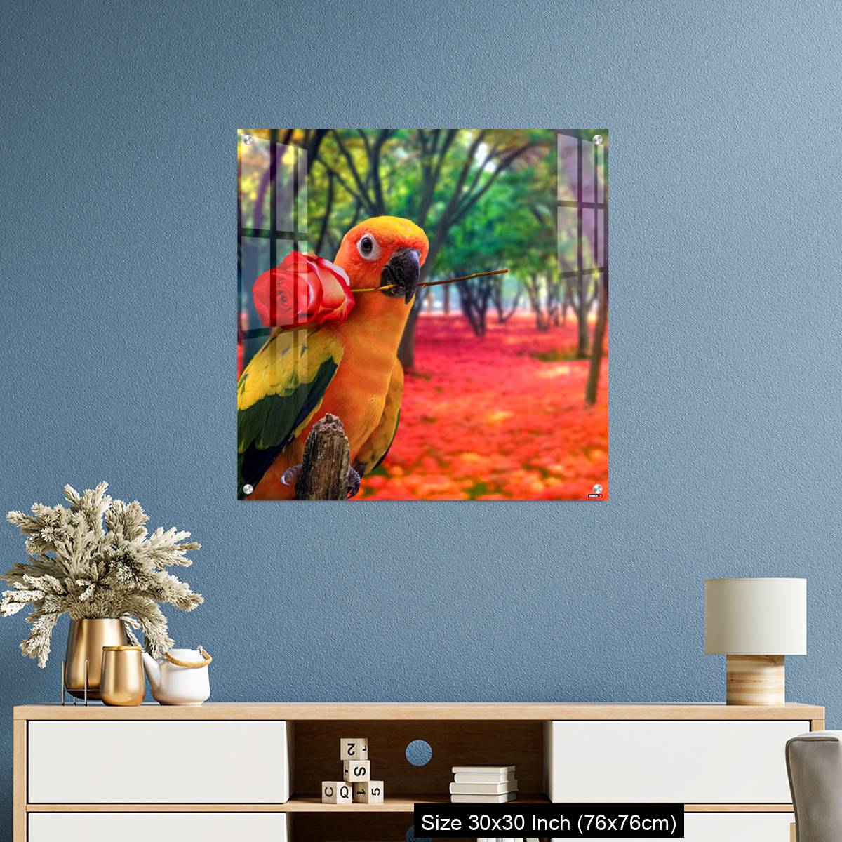 OMGs Acrylic Wall Decor – Cute Parrot Holding a Red Rose in a Colorful Forest - Image 3