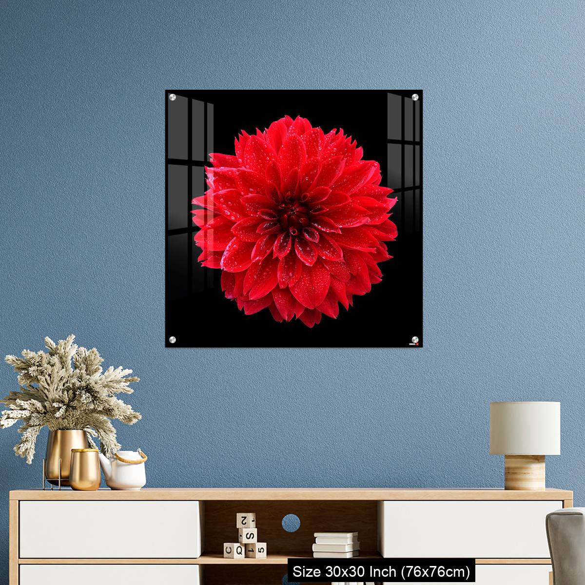 OMGs Acrylic Wall Decor – Red dahlia,like a ball of fire,on black background - Image 3