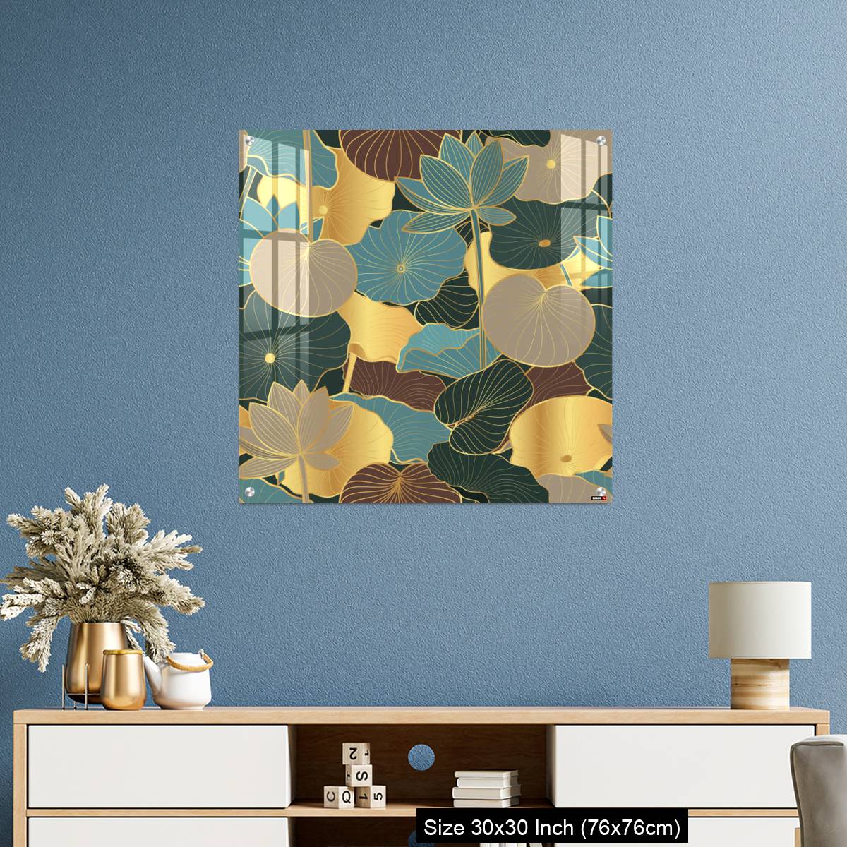 OMGs Acrylic Wall Decor – Seamless vector pattern with golden lotus leaves and flowers. - Image 3