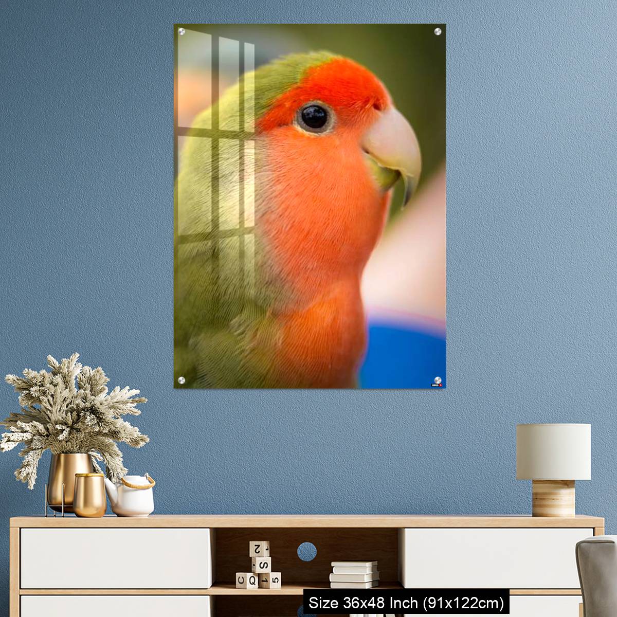 OMGs Acrylic Wall Decor – Vibrant rosy-faced lovebird - Image 3