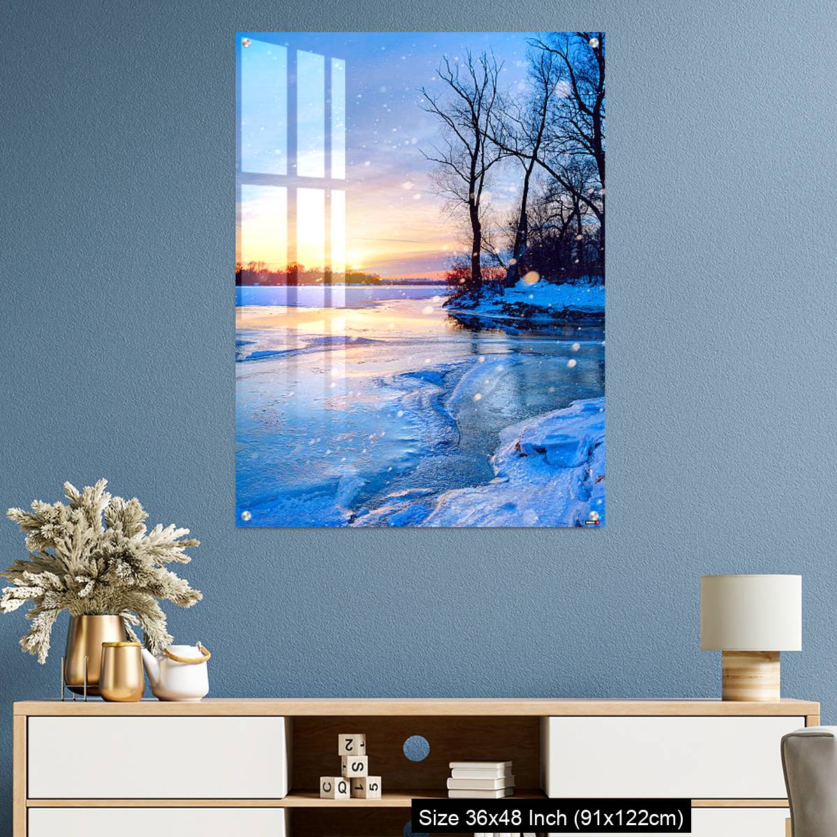 OMGs Acrylic Wall Decor – winter landscape panorama; sunset on the frozen river - Image 3