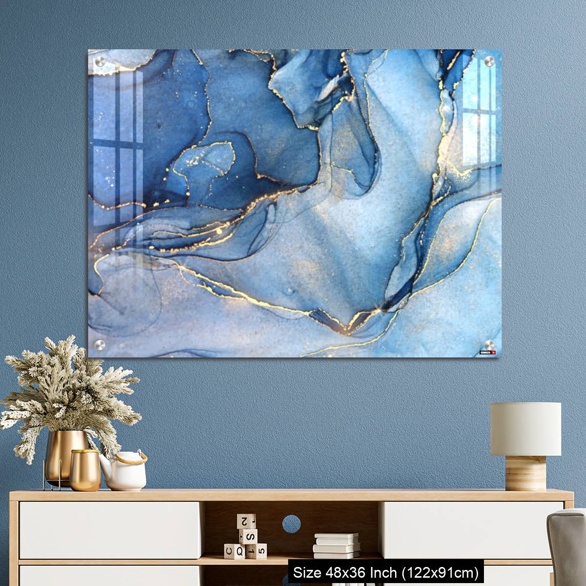 OMGs Acrylic Wall Decor – Abstract blue liquid watercolor background with golden stains - Image 3