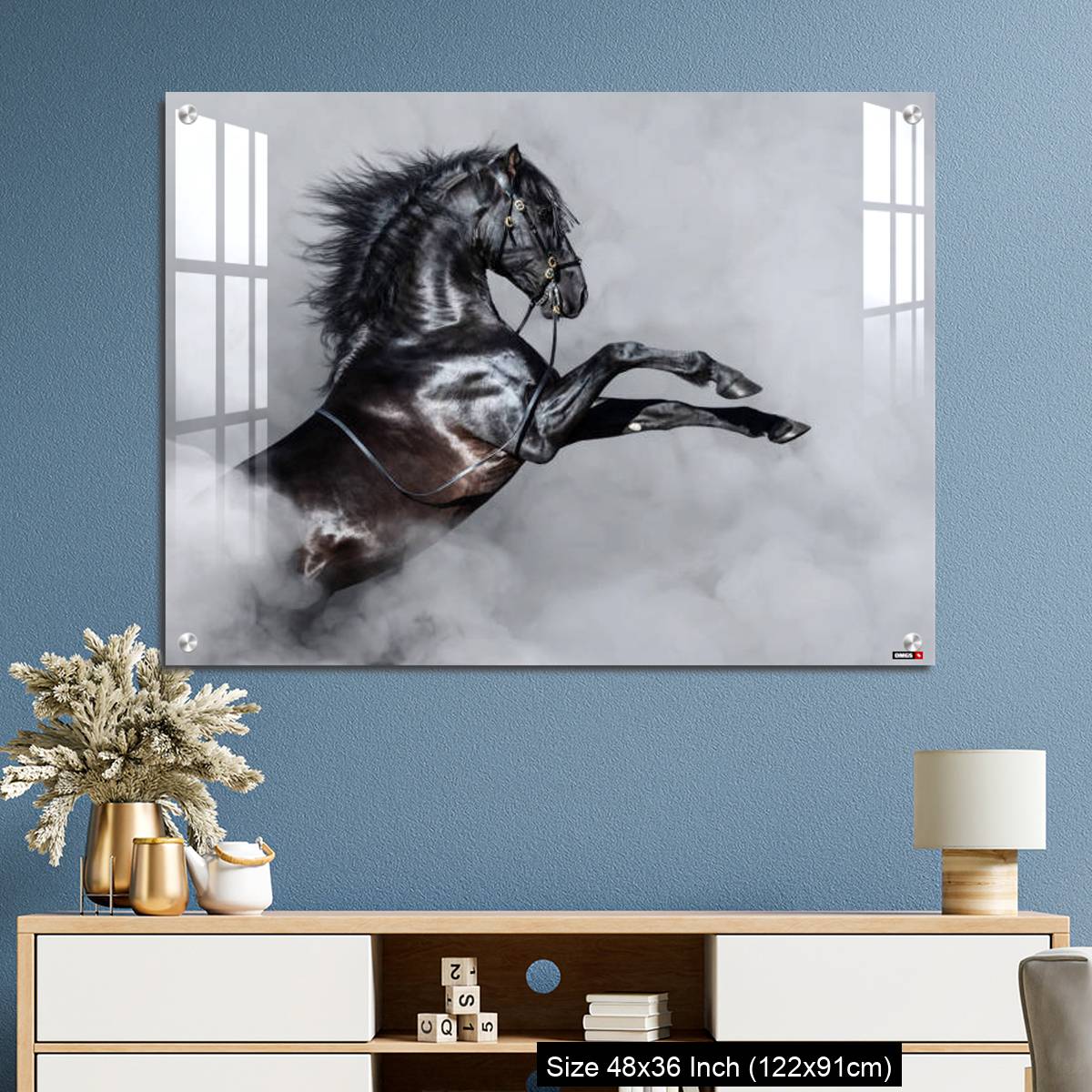 OMGs Acrylic Wall Decor – Black Andalusian horse rearing in smoke. - Image 3