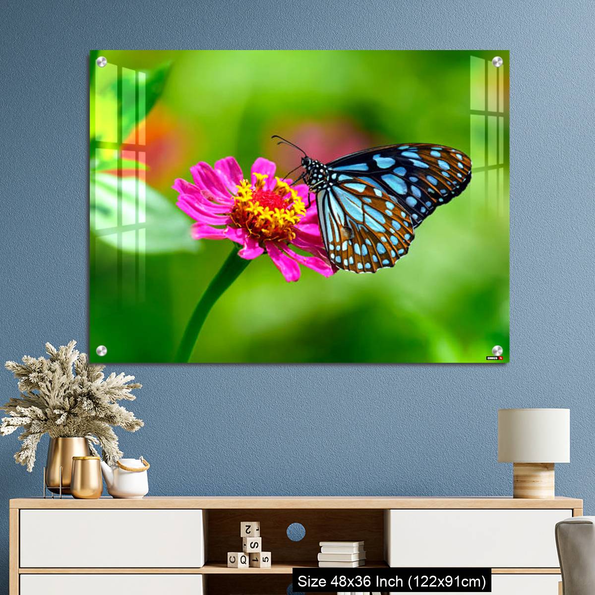 OMGs Acrylic Wall Decor – Blue tiger butterfly on a pink zinnia flower with green background - Image 3