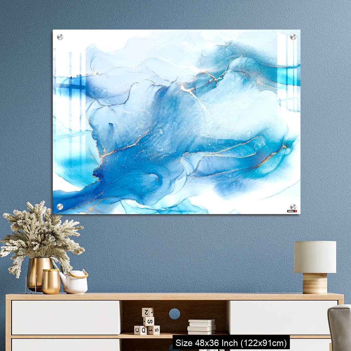 OMGs Acrylic Wall Decor – Cyan blue liquid watercolor background with golden stains - Image 3