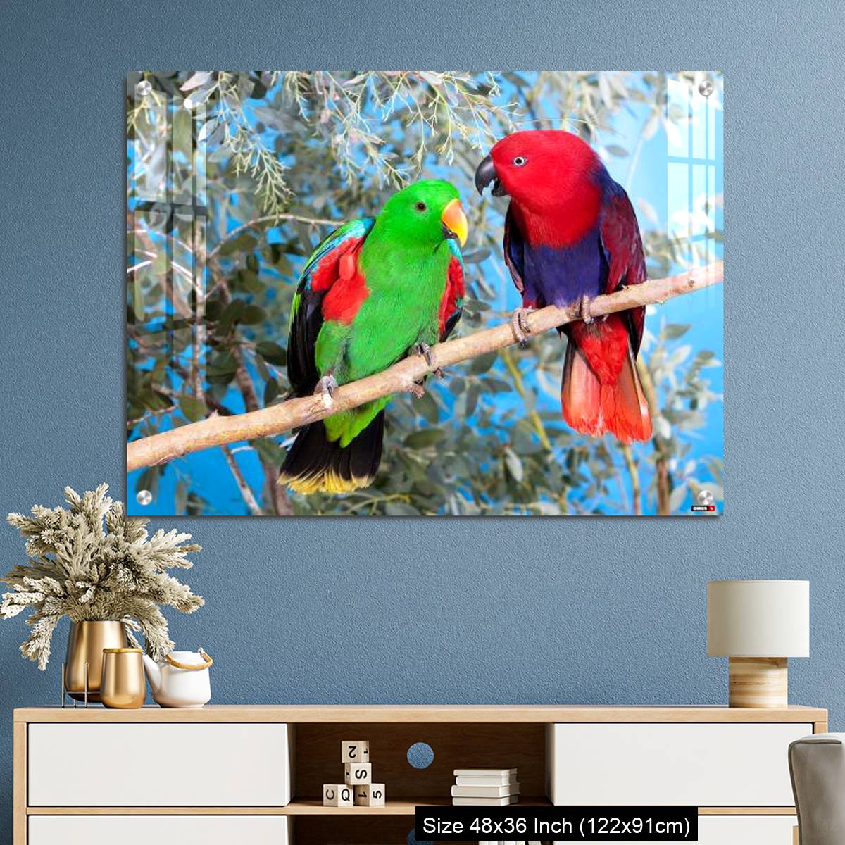 OMGs Acrylic Wall Decor – Eclectus Parrot, eclectus roratus, Pair standing on Branch, Male (green) and Female (Red) - Image 3