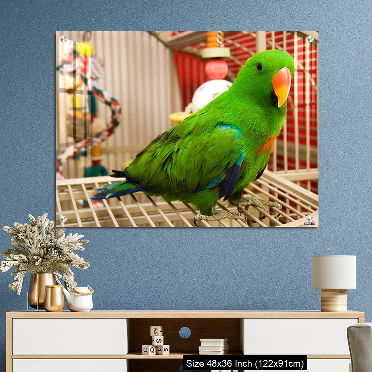OMGs Acrylic Wall Decor – Green parrot perched on the open door of its cage - Image 3