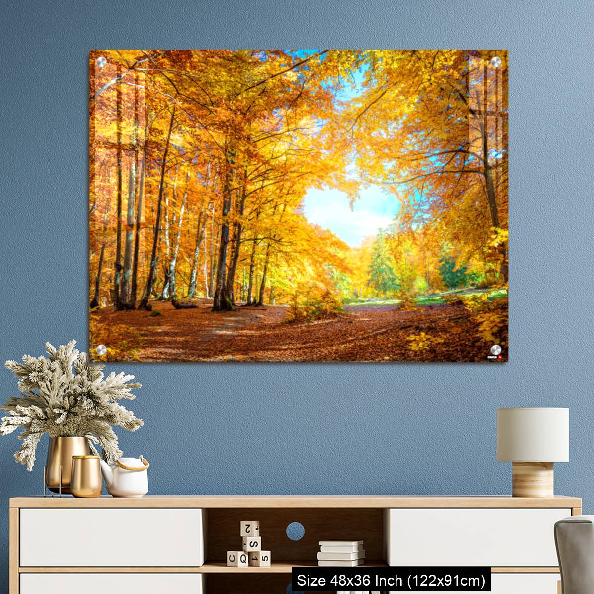 OMGs Acrylic Wall Decor – Heart of autumn - yellow orange trees in forest with heart shape, sunny weather, good day - Image 3