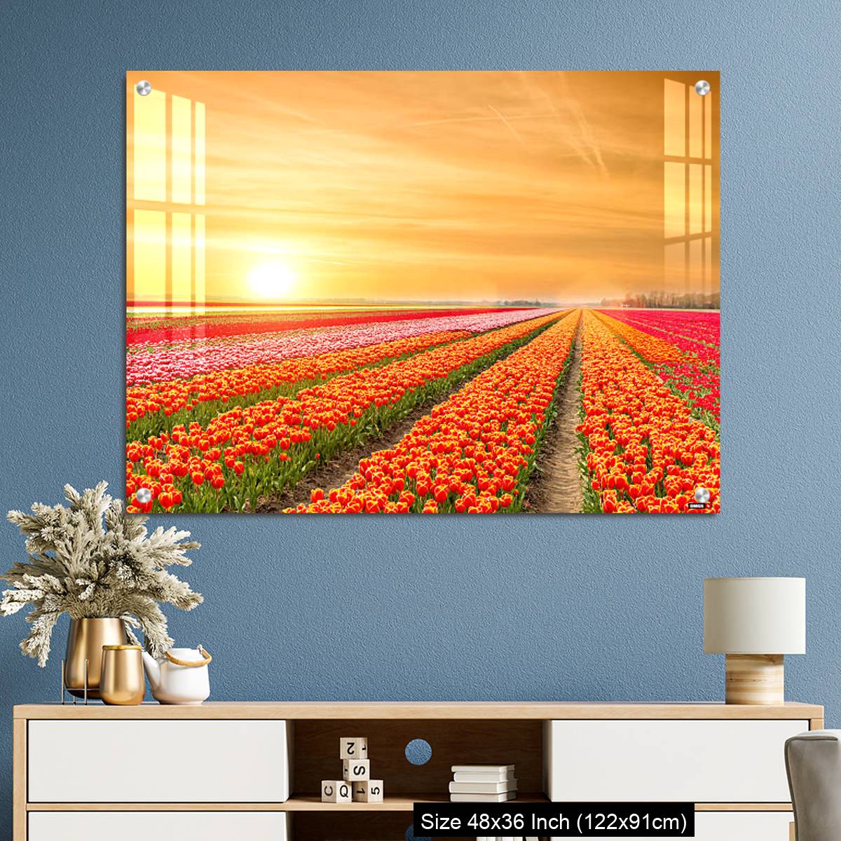 OMGs Acrylic Wall Decor – Landscape of Netherlands tulips with sunlight in Netherlands. - Image 3